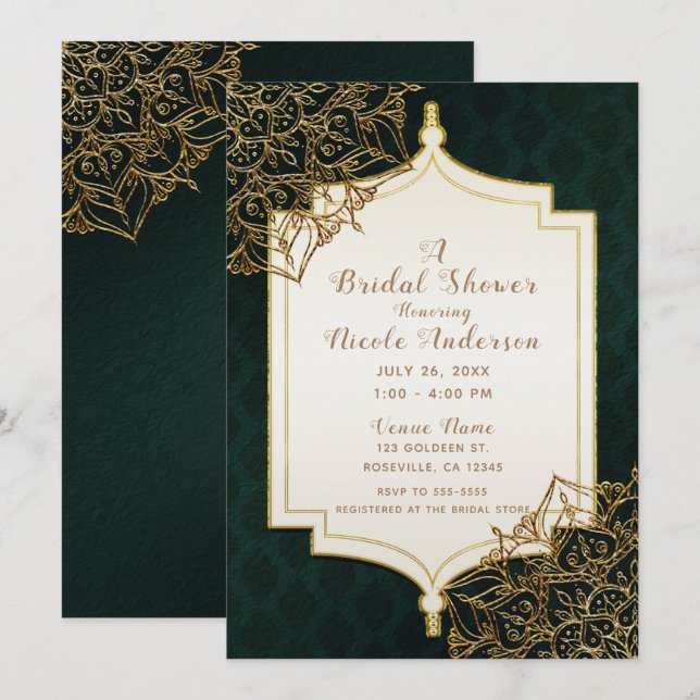 Green & Gold Moroccan Arabian Nights Bridal Shower Invitation (Front/Back)