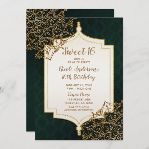 Green Gold Moroccan Arabian Nights Sweet 16 Party Invitation