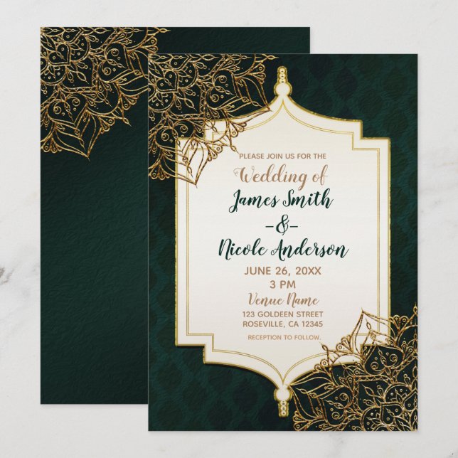 Green & Gold Moroccan Arabian Nights Wedding Invitation (Front/Back)