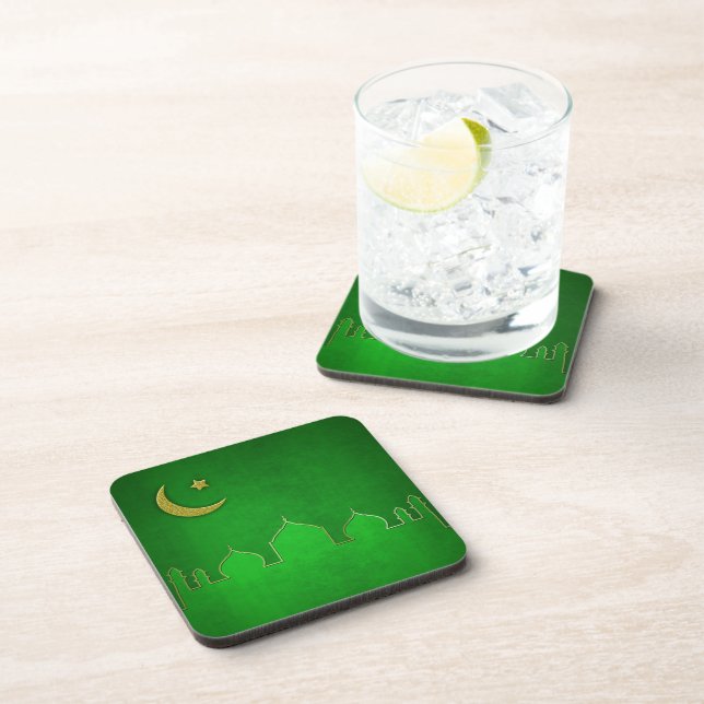 Green Gold Mosque Moon Star Drink Coaster (Right Side)