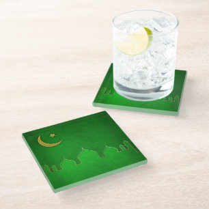 Green Gold Mosque Moon Star Glass Coaster