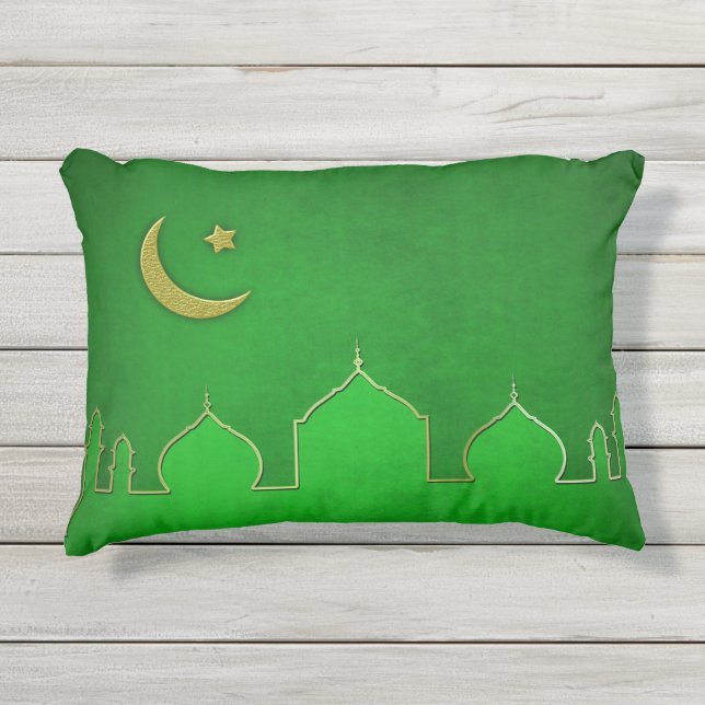Green Gold Mosque Moon Star Outdoor Pillow (Front)