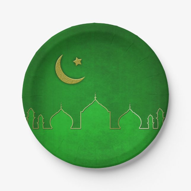 Green Gold Mosque Moon Star Paper Plates (Front)