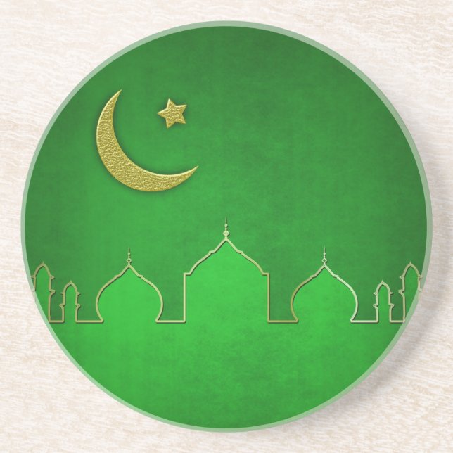 Green Gold Mosque Moon Star Sandstone Coaster (Front)