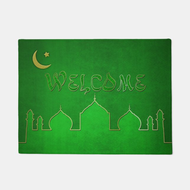 Green Gold Mosque Moon Star - Welcome Door Mat (Front)