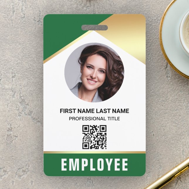 Green Gold Name Photo QR Code Employee ID Card Badge (Creator Uploaded)