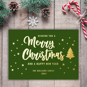 Green Gold Non Photo Family Name Merry Christmas Foil Holiday Card