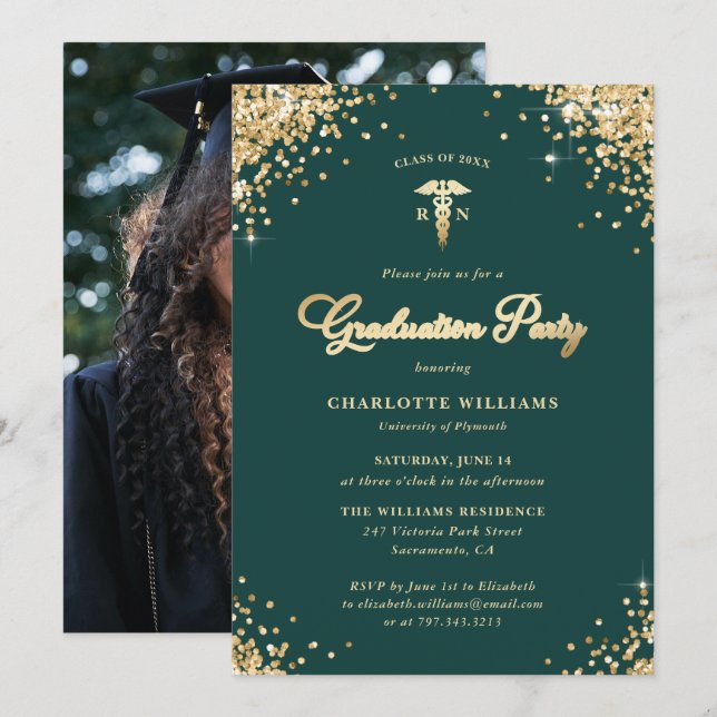 Green Gold Nursing School Photo Graduation Party Invitation (Front/Back)