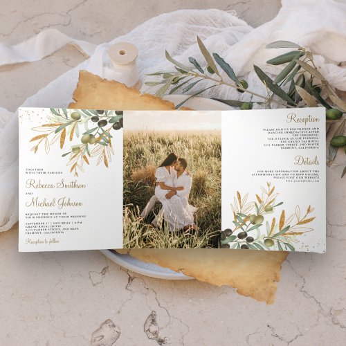 Green Gold Olive Leaves Branch Photo Wedding Tri_Fold Invitation