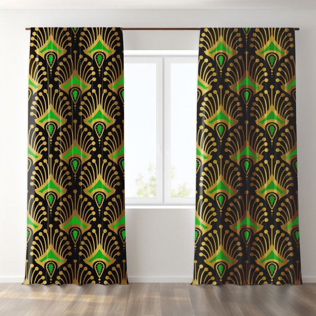 Green Gold On Black Art Deco Pattern Sheer Curtains (Creator Uploaded)