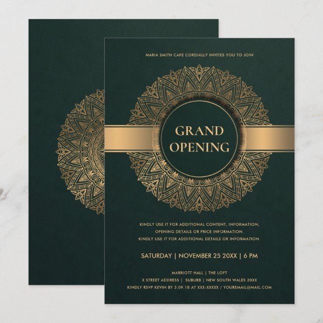 GREEN GOLD ORNATE CLASSIC MANDALA GRAND OPENING INVITATION (Front/Back)