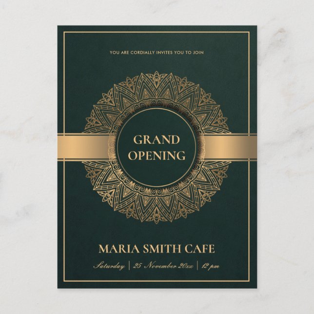 GREEN GOLD ORNATE MANDALA GRAND OPENING INVITE (Front)