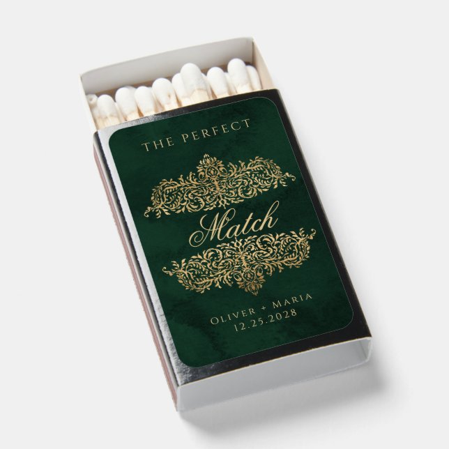 Green Gold Ornate Perfect match Wedding matches (Front Open)