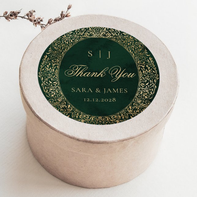 Green Gold Ornate Victorian Wedding Thank you Classic Round Sticker (Creator Uploaded)