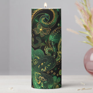 GREEN & GOLD PAISLEY SHAPES AND SHAMROCKS PILLAR CANDLE