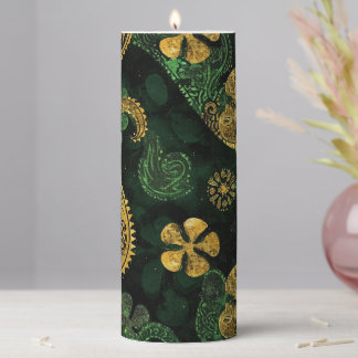 GREEN & GOLD PAISLEY SHAPES AND SHAMROCKS PILLAR CANDLE