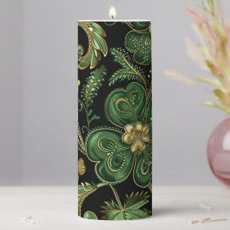 GREEN & GOLD PAISLEY SHAPES AND SHAMROCKS PILLAR CANDLE