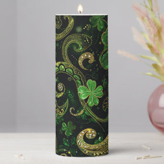 GREEN & GOLD PAISLEY SHAPES AND SHAMROCKS PILLAR CANDLE