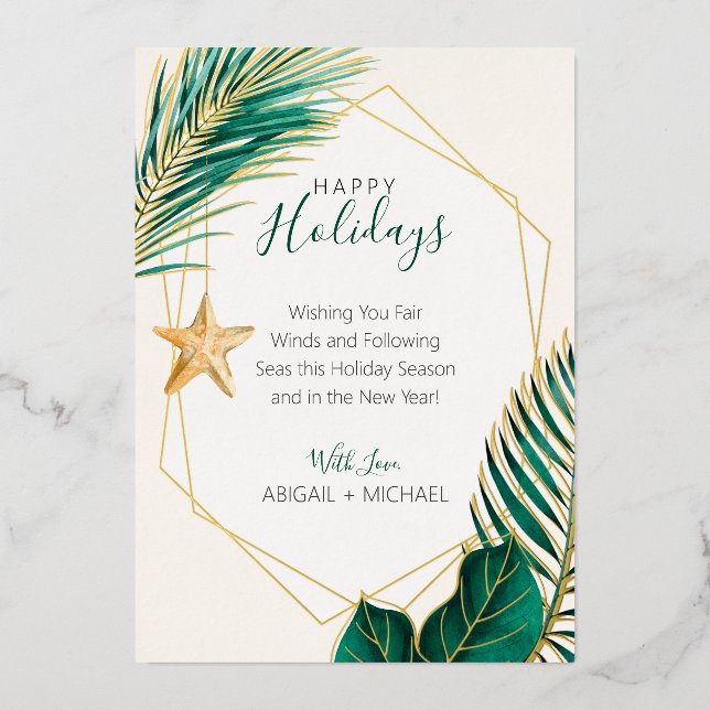 Green & Gold Palm Tree Tropical Beach Christmas Foil Holiday Card (Front)