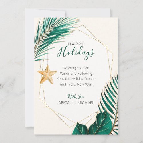 Green  Gold Palm Tree Tropical Beach Christmas  Holiday Card