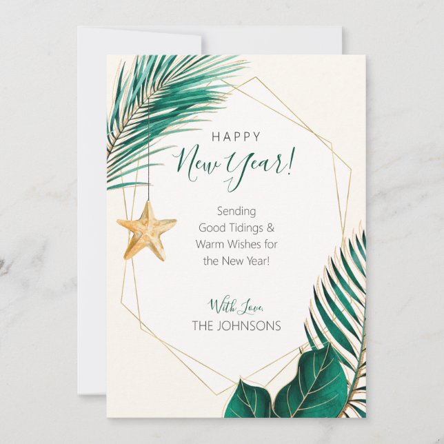 Green & Gold Palm Tree Tropical Beach New Year Holiday Card (Front)