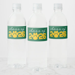 Green & Gold Paw Print Graduation Water Bottle Label
