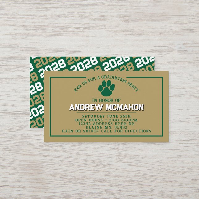 Green & Gold Pawprint Mini Graduation Invites (Green & Bronze Gold Pawprint Mini Graduation Invites for Friends, Team Mates or as Inserts!)