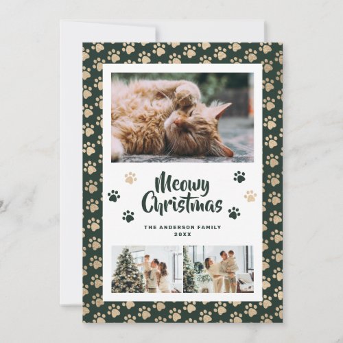 Green Gold Paws Photo Meowy Christmas Card
