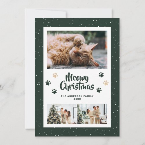 Green Gold Paws Snow 3 Photo Meowy Christmas Card