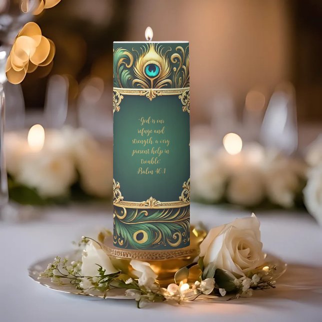 Green Gold Peacock Frame Customizable Bible Verse Pillar Candle (Creator Uploaded)