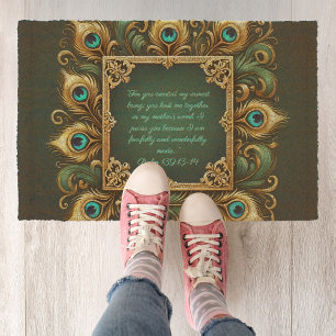 Green Gold Peacock Frame Customizable  Fiber Doormat