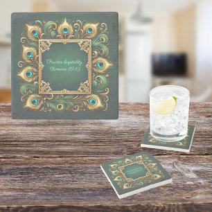 Green Gold Peacock Frame Customizable Stone Coaster