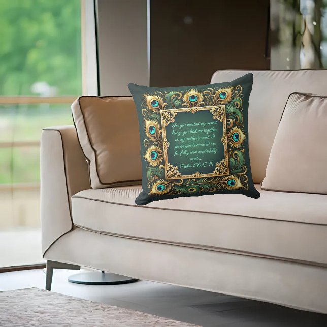 Green Gold Peacock Frame Customizable  Throw Pillow (Creator Uploaded)