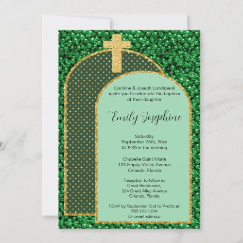 Green Gold Pebbles Glitter Arch with Cross Invitation