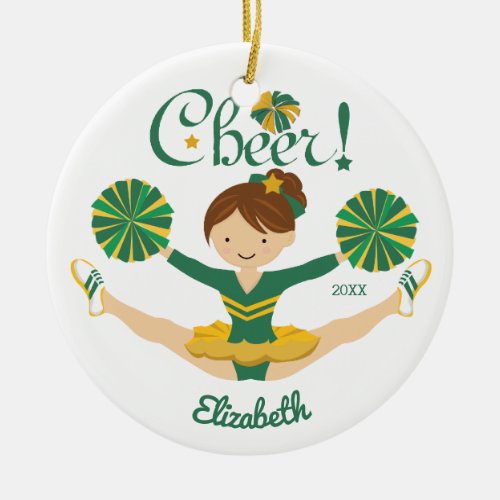 Green  Gold Personalized Brunette Cheerleader Ceramic Ornament