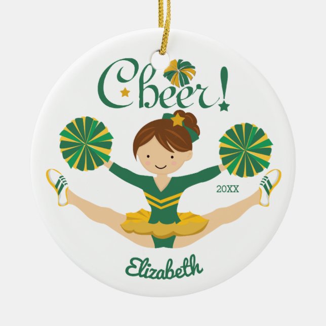 Green & Gold Personalized Brunette Cheerleader Ceramic Ornament (Front)