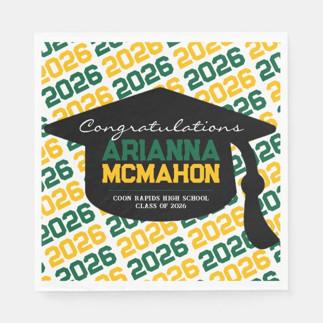 Green & Gold Personalized Graduation Cap Paper Napkins (Front)