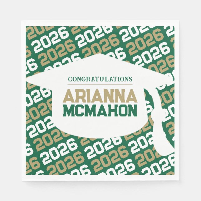 Green & Gold Personalized Graduation Cap Paper Napkins (Front)