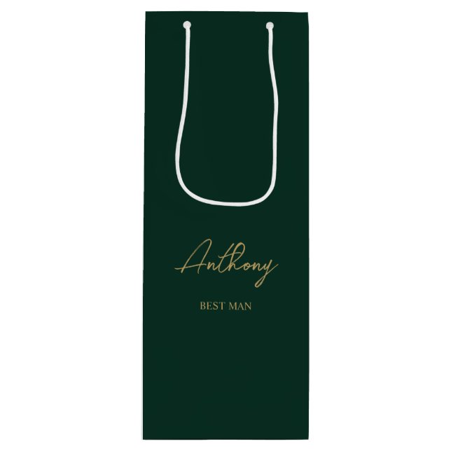 Green & Gold Personalized Name Wedding Party Wine Gift Bag (Front)