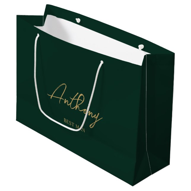 Green & Gold Personalized Wedding Party Name Large Gift Bag (Front Angled)