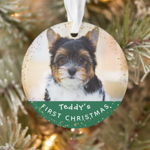 Green Gold Pet Dog Puppy Holiday Custom Photo Ornament