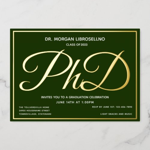 Green Gold PhD Graduation Foil Invitation