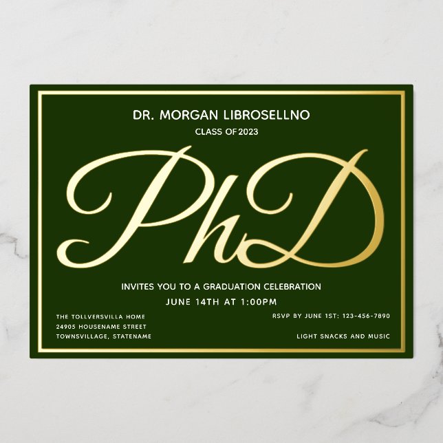 Green Gold PhD Graduation Foil Invitation (Front)