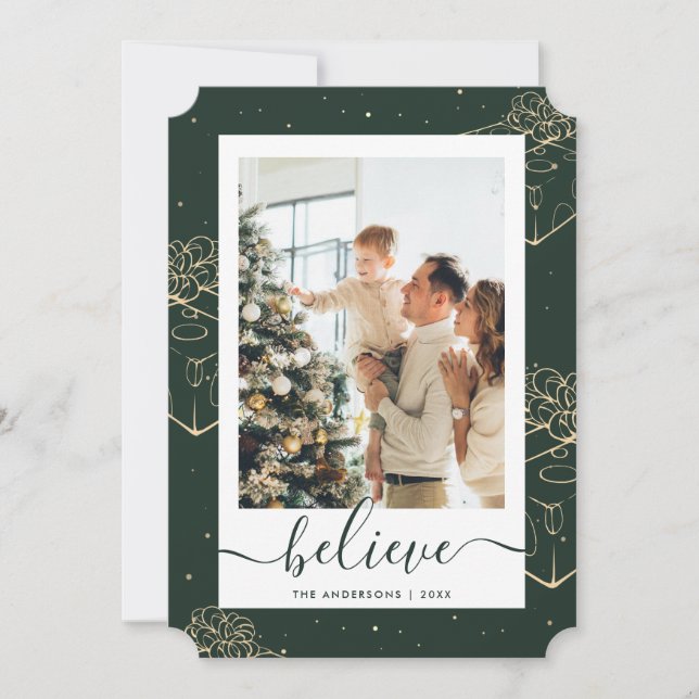 Green Gold Photo Believe Christmas Holiday Card (Front)