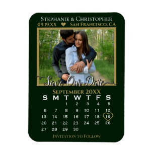 Green & Gold Photo Calendar Save Our Date Wedding Magnet