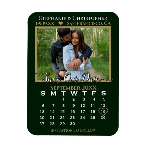 Green  Gold Photo Calendar Save Our Date Wedding Magnet