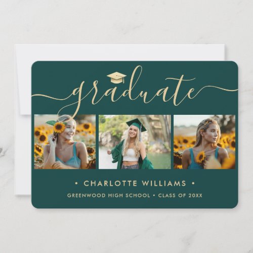 Green Gold Photo Collage Modern Graduation Announcement