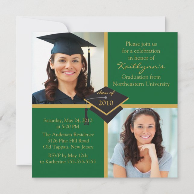 Green & Gold Photo Graduation Invitation (Front)
