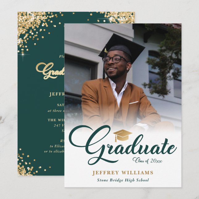 Green Gold Photo Graduation Party Invitation (Front/Back)