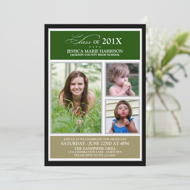 Green/Gold Photo Graduation Party Invitation (Standing Front)